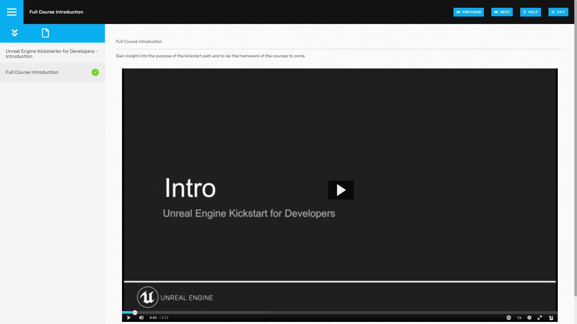 Screenshot of Unreal Engine Courses large video player and controls visible.