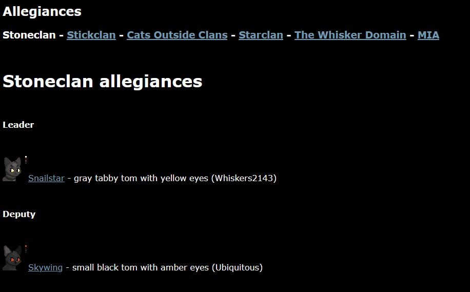 Screenshot of Stoneclan Allegiances - Dark Mode