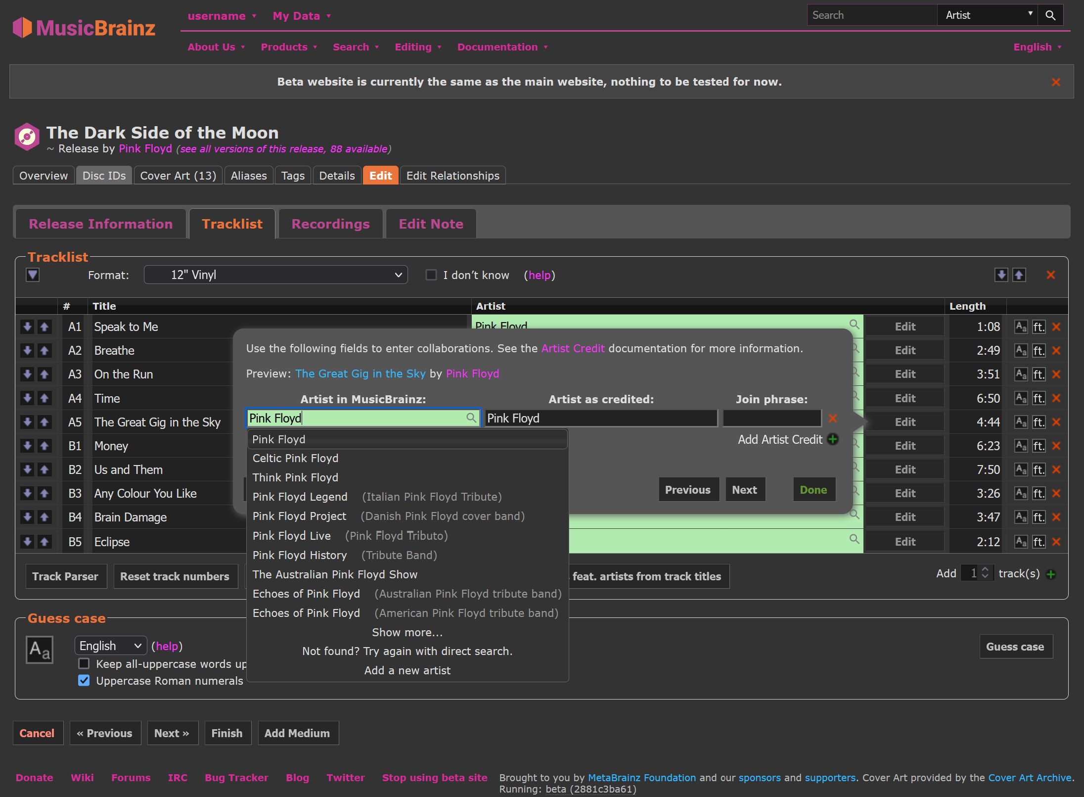 Screenshot of Dark Side of MusicBrainz