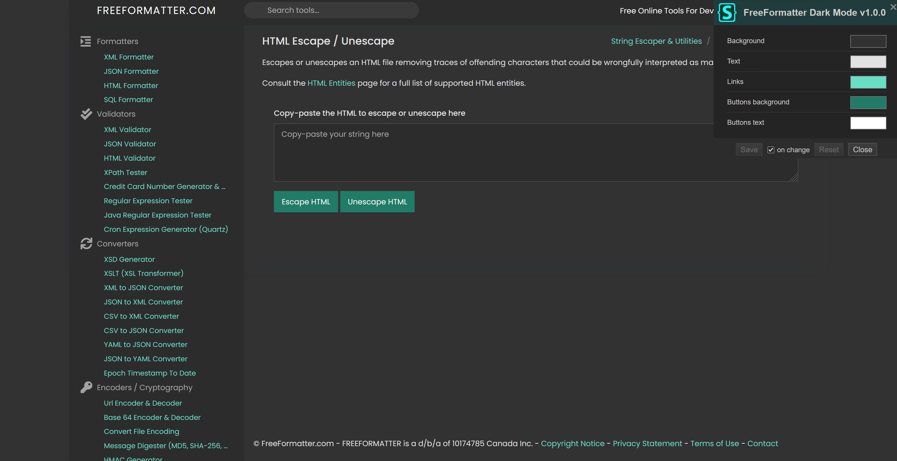 Screenshot of FreeFormatter Dark Mode