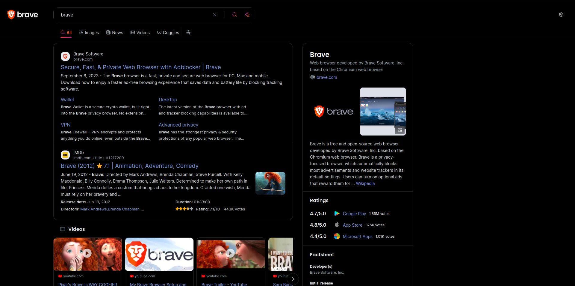 Screenshot of Brave Search: True Dark