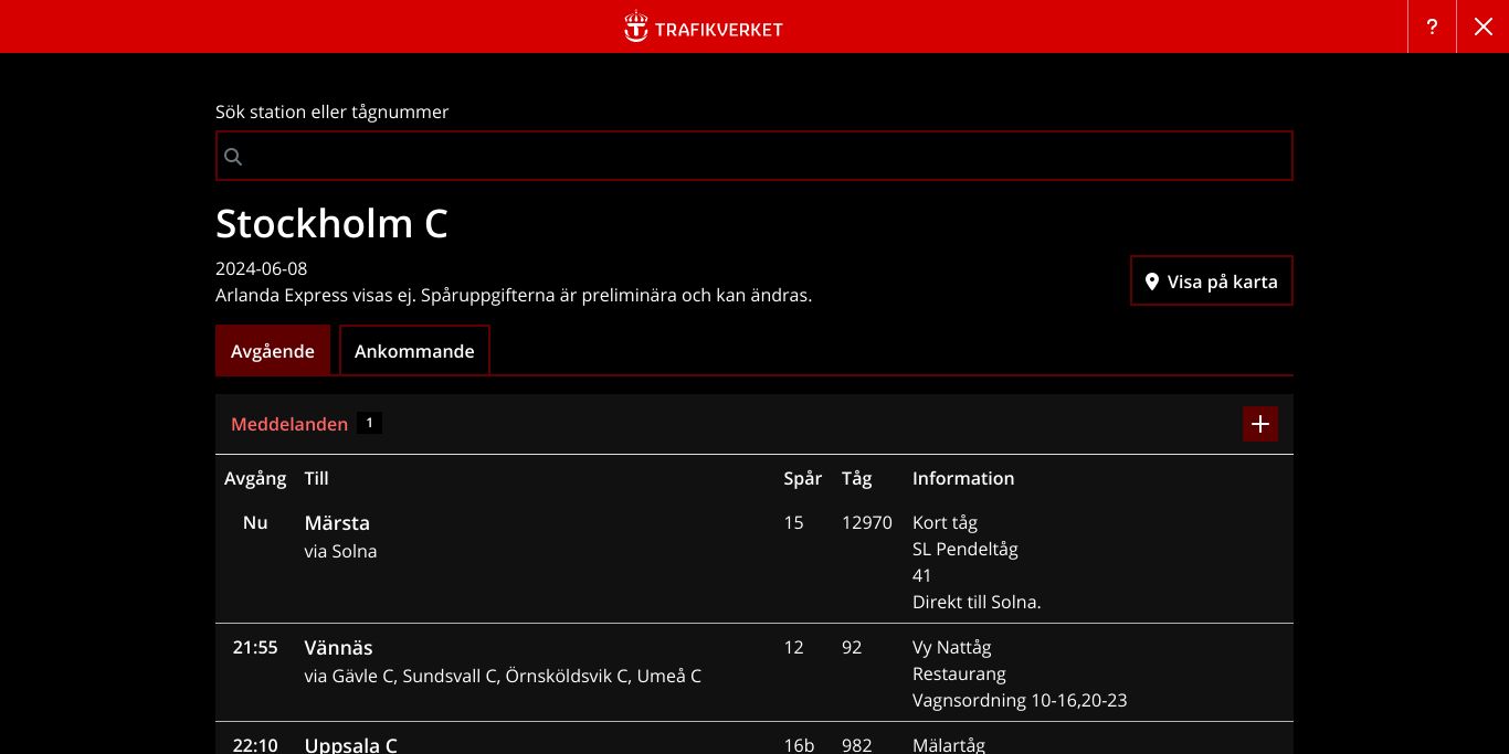 Screenshot of Trafikinformation tåg Dark