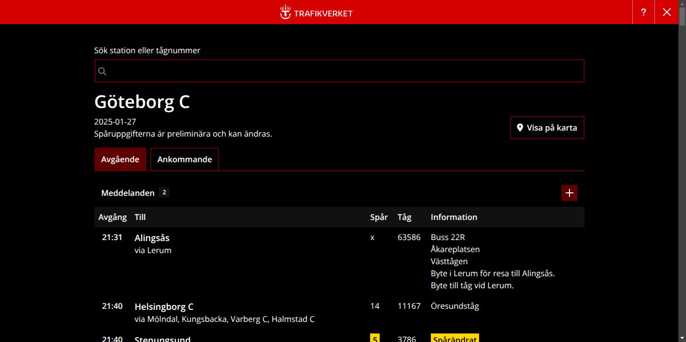 Screenshot of Trafikinformation tåg Dark