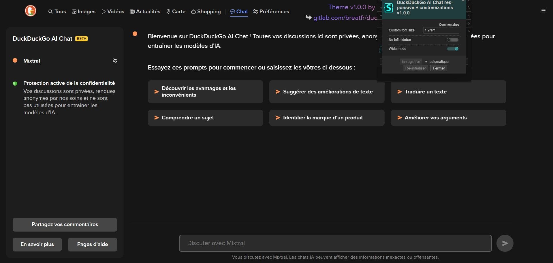 Screenshot of DuckDuckGo AI Chat responsive + customizations