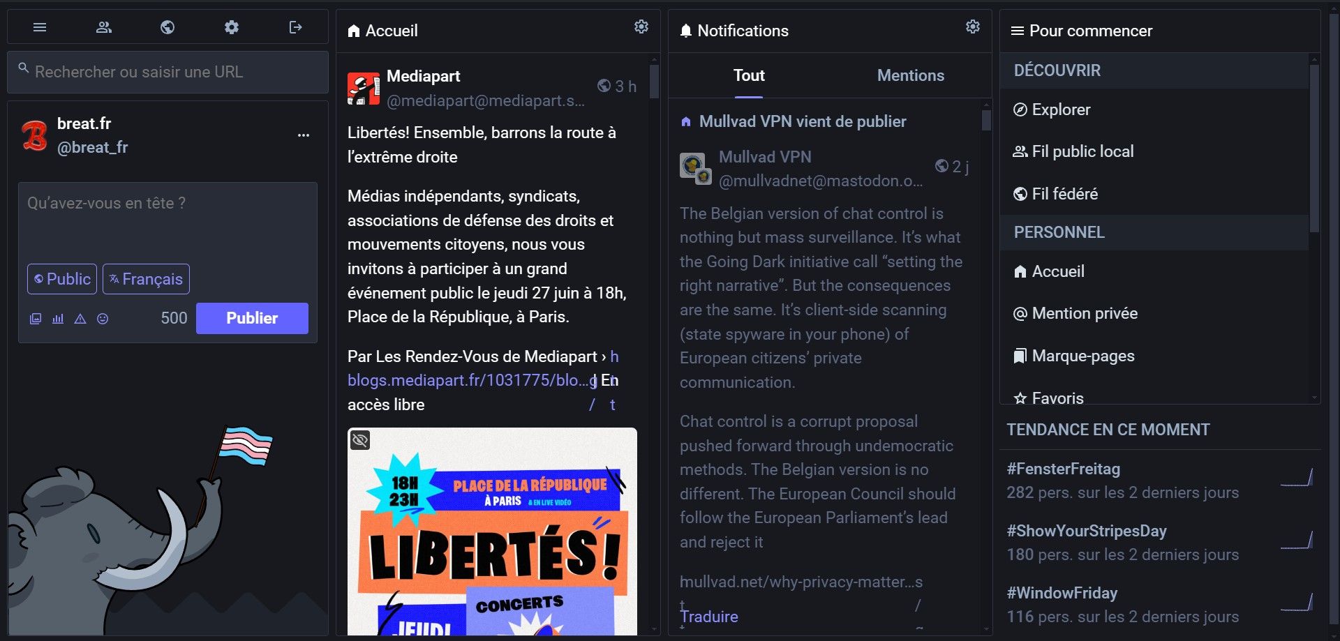 Screenshot of Mastodon responsive + customizations