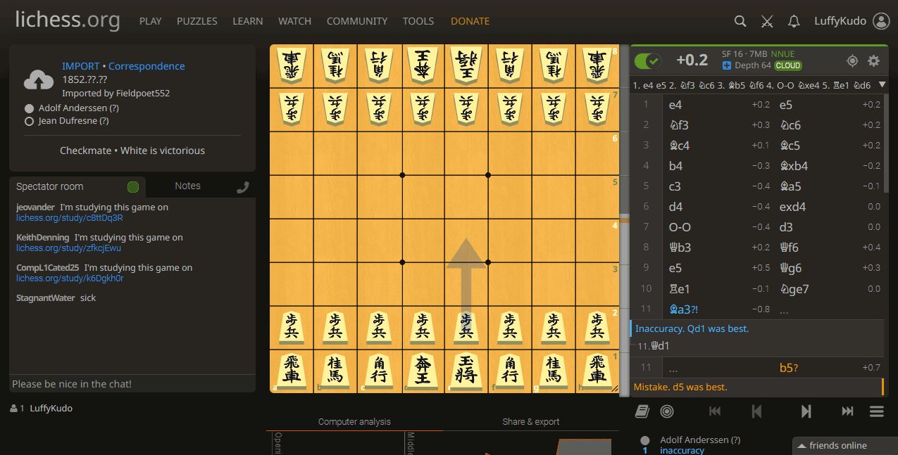 Screenshot of JI Shogi-Themed Chess (2-Kanji) on Lichess