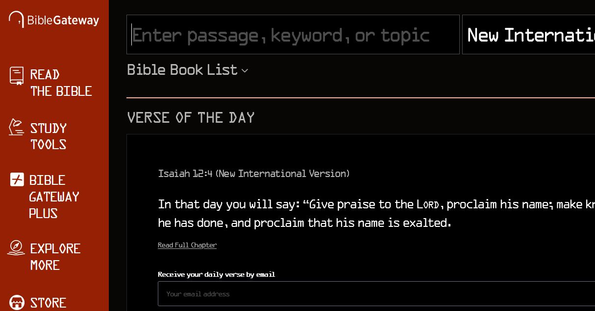 Screenshot of Bible Gateway dark theme