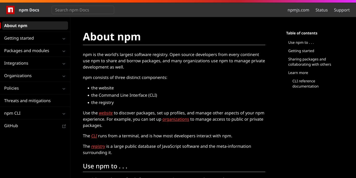 Screenshot of npm Docs Dark