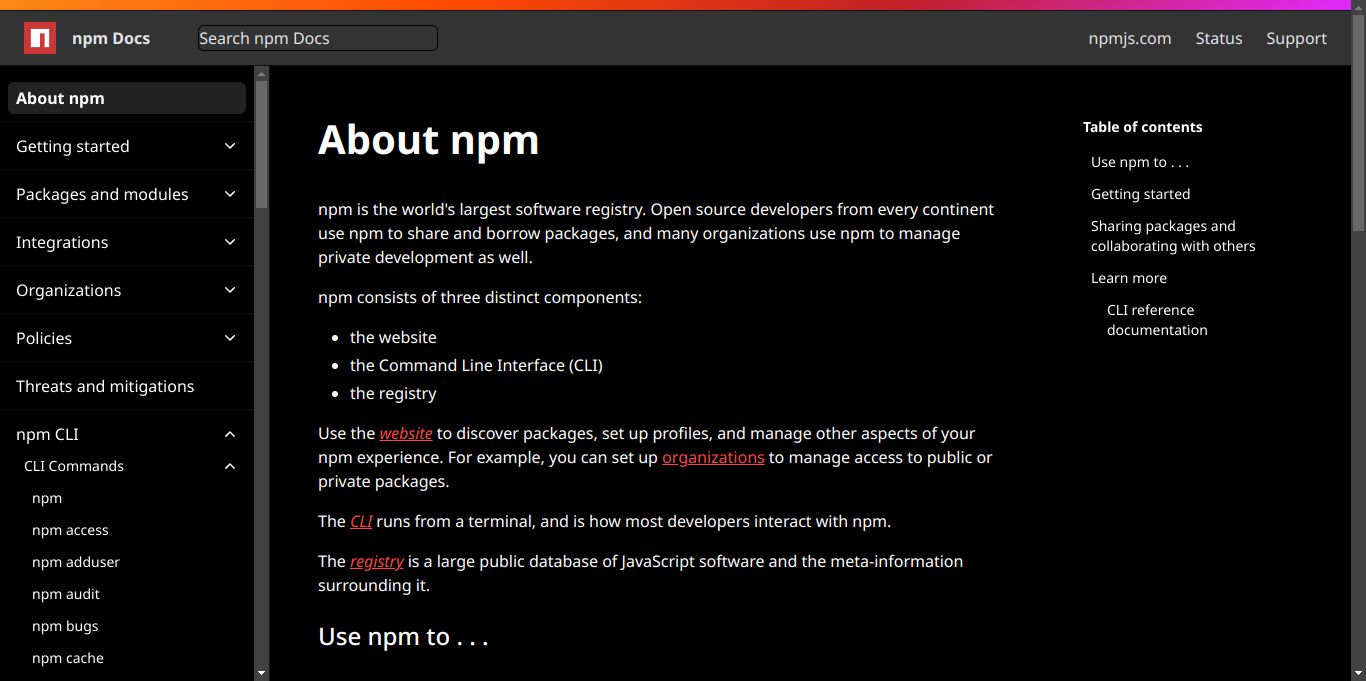 Screenshot of npm Docs Dark