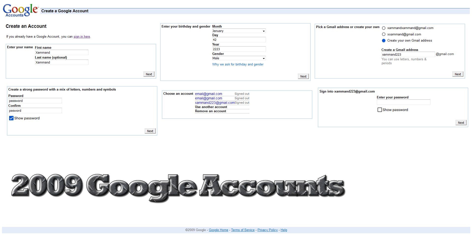 Screenshot of 2009 Google Acounts (Signup, Logon Page)