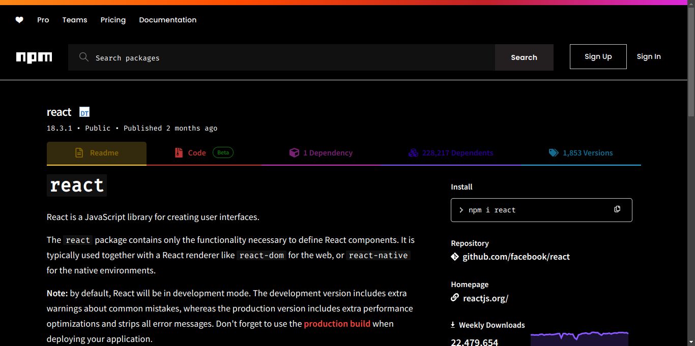 Screenshot of npm dark