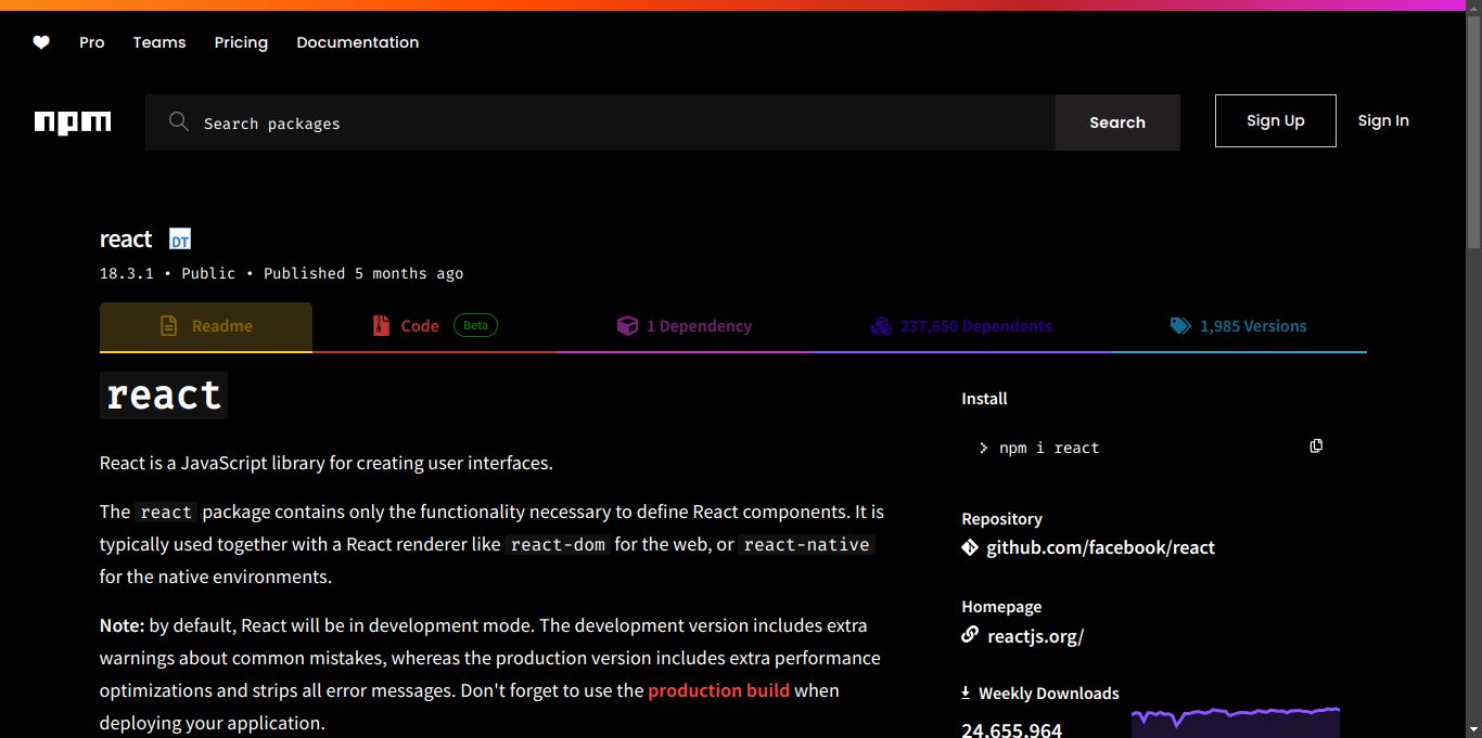 Screenshot of npm dark