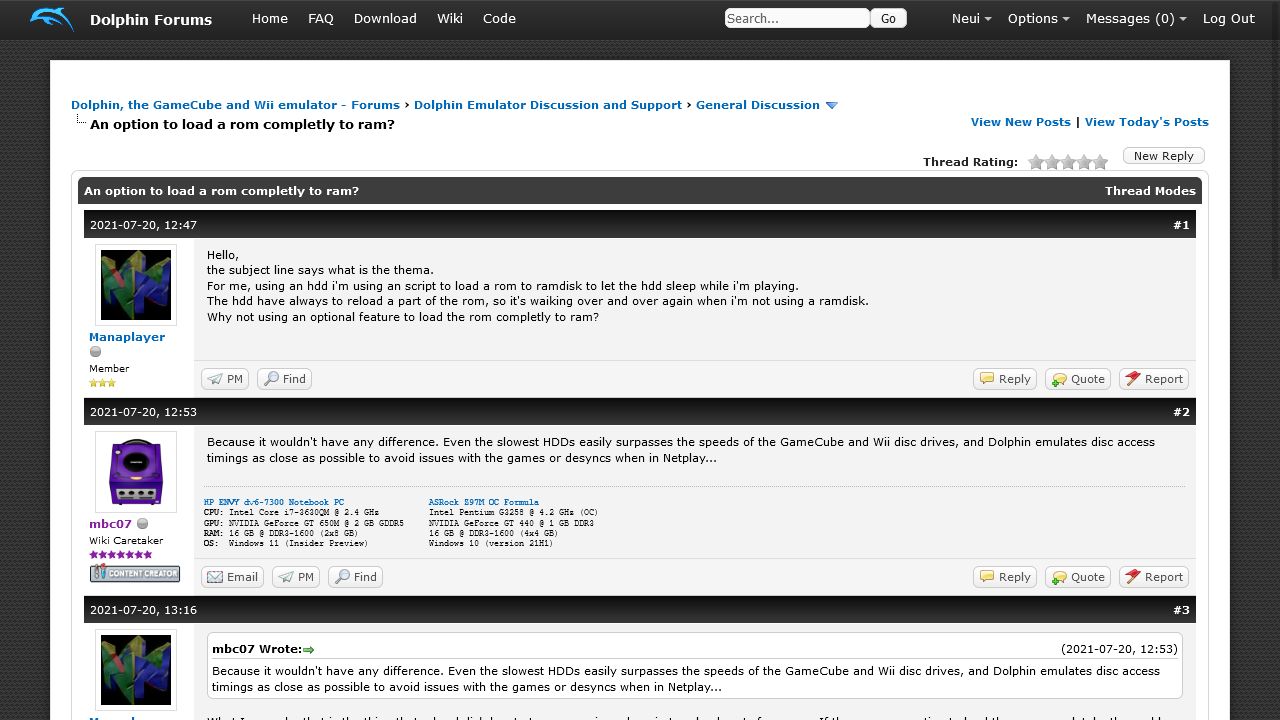 Screenshot of forums.dolphin-emu.org compacter post layout