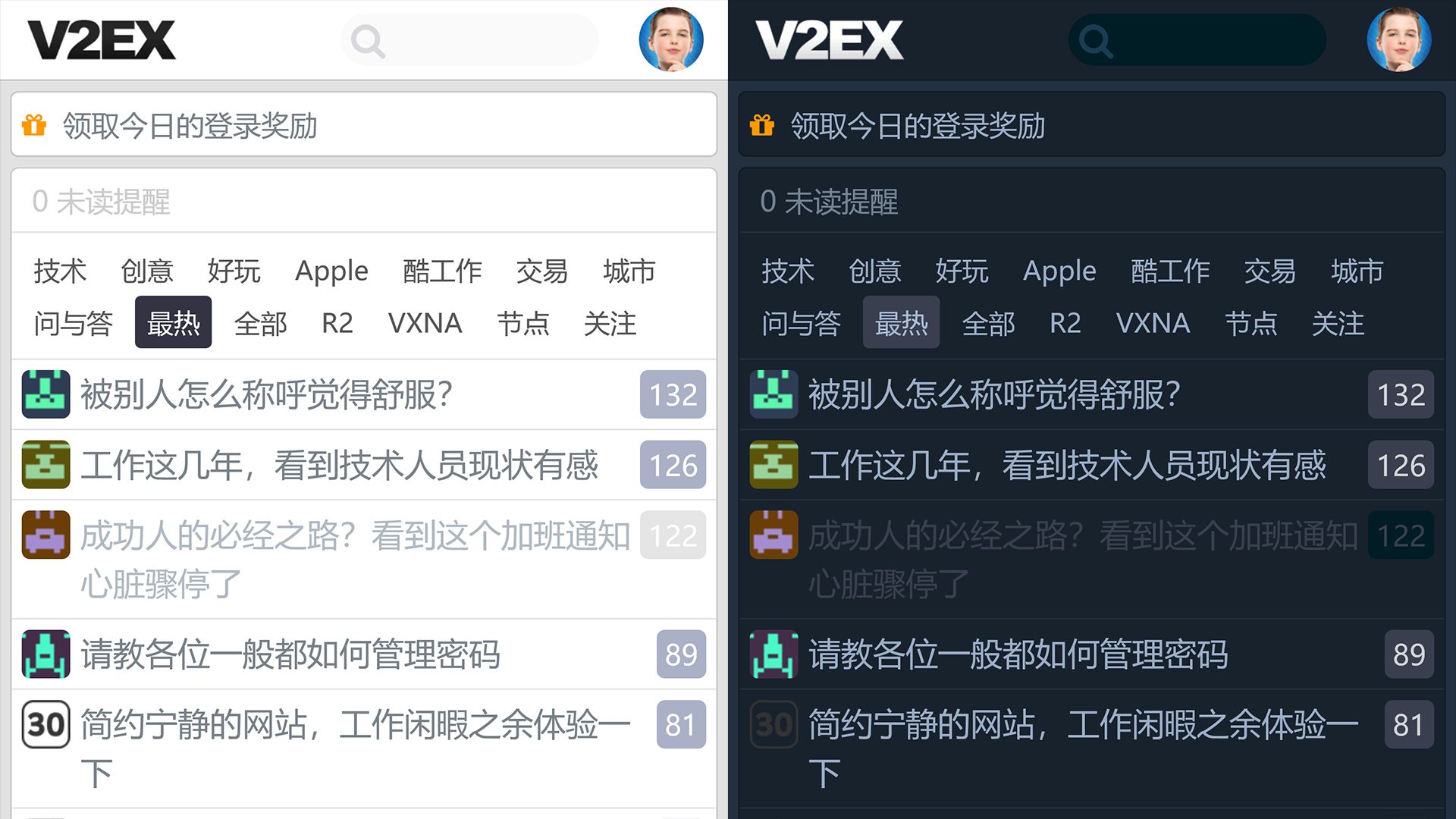 Screenshot of V2EX Fine-tuning (mobile first)