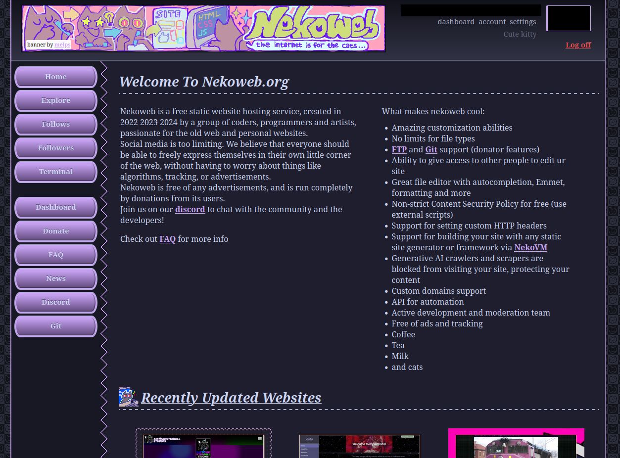 Screenshot of Nekoweb Catppuccin Mocha Edition