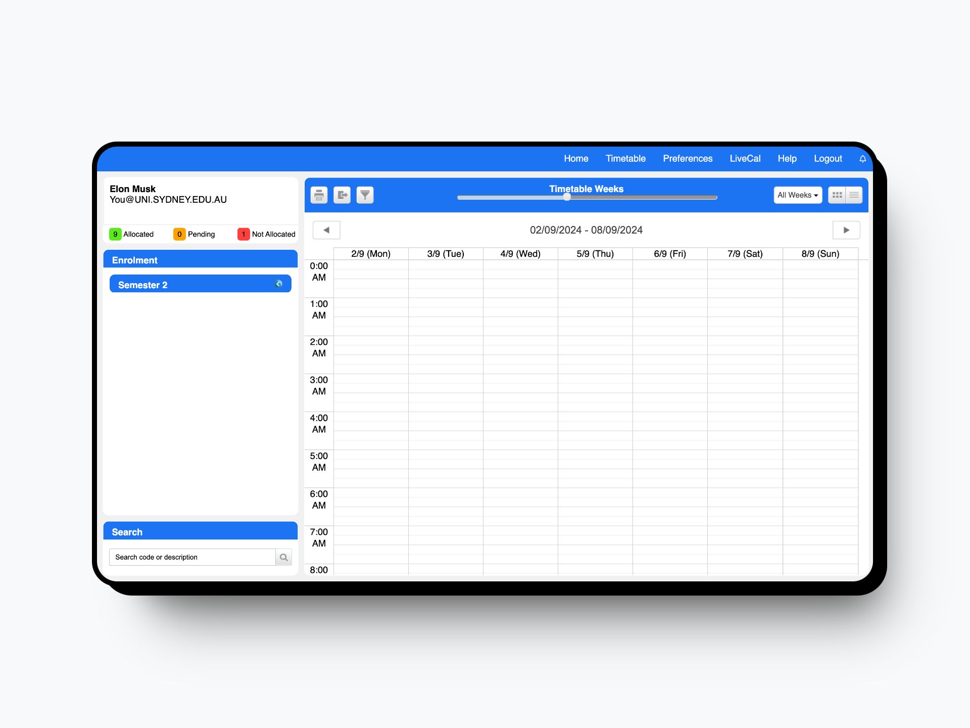 Screenshot of University of Sydney Timetable