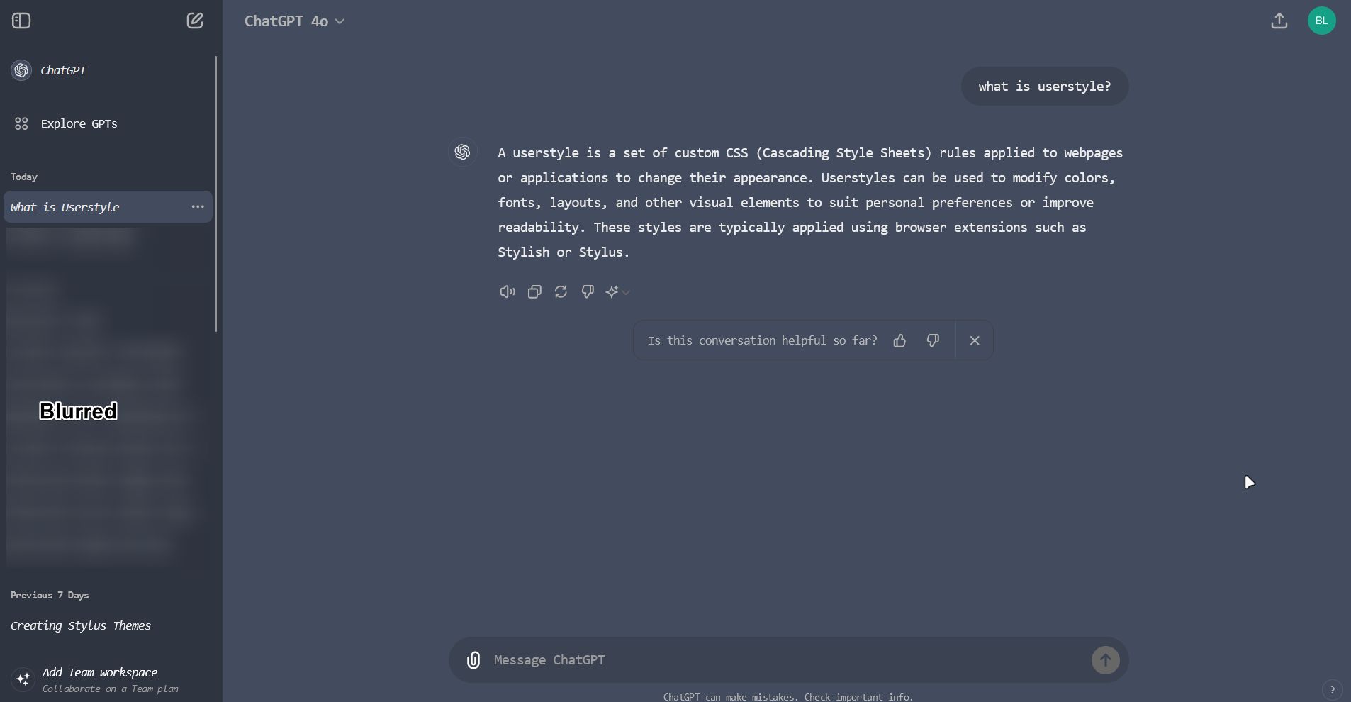 Screenshot of ChatGPT Nord Theme