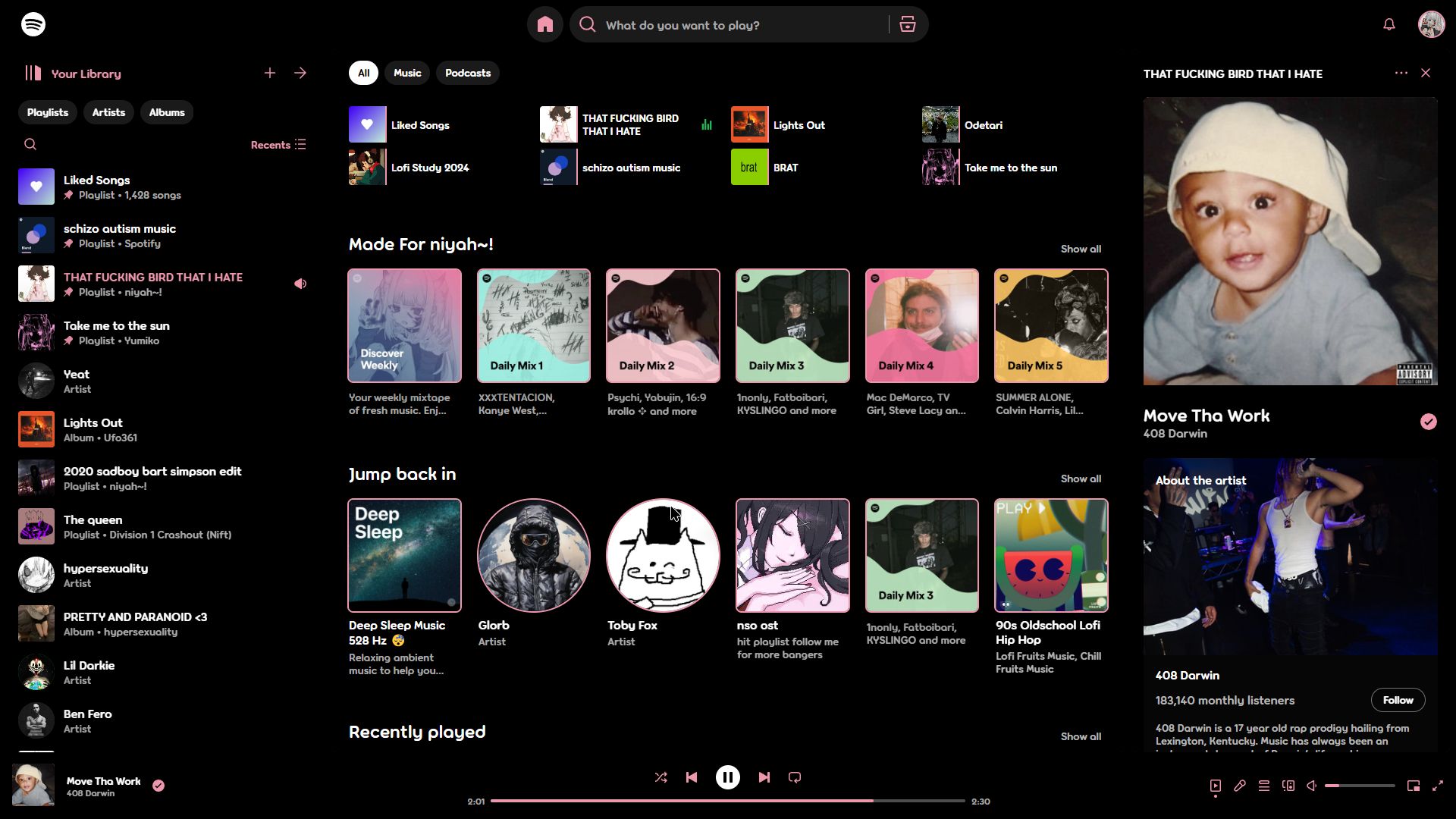 Screenshot of sleepless spotify