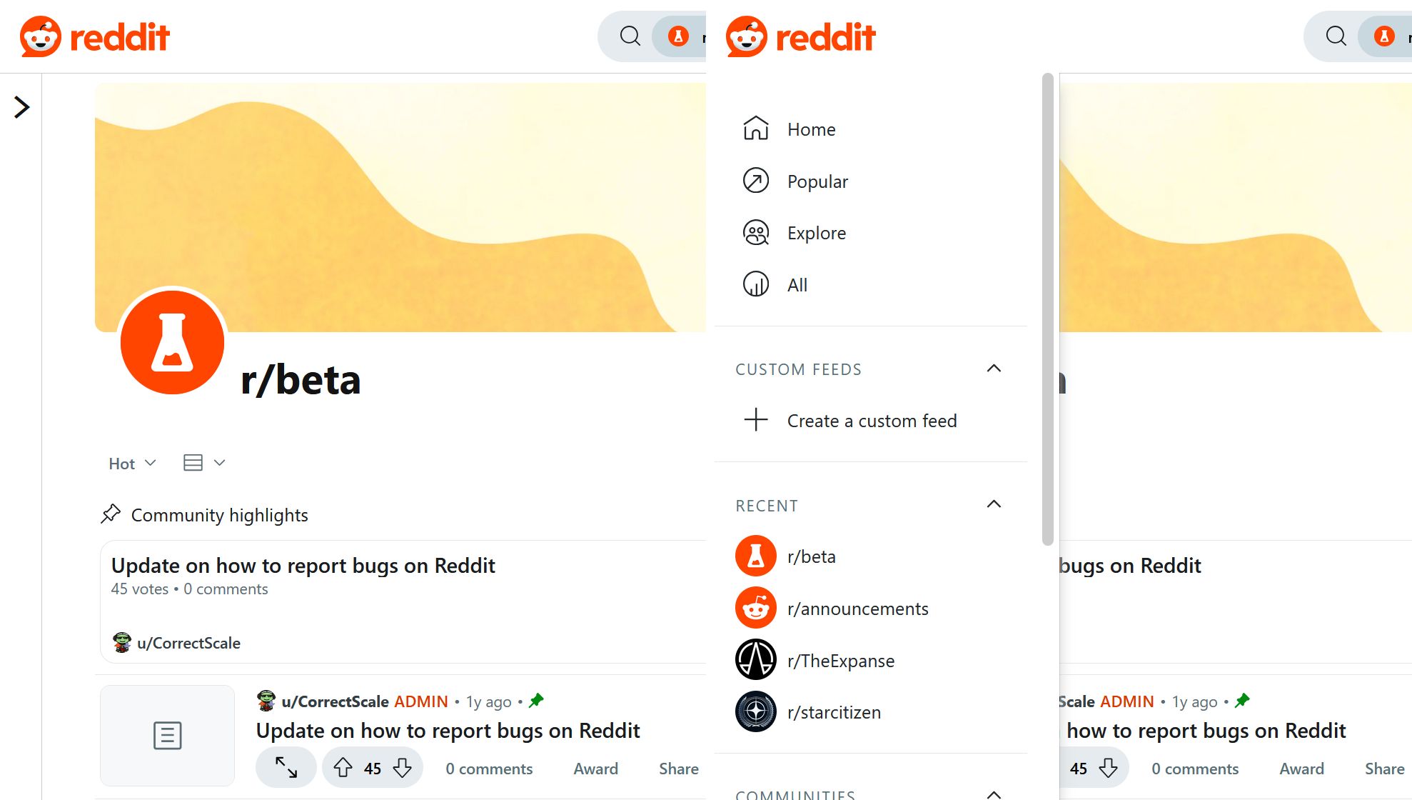 Screenshot of Collapsible sidebar menu for New-New Reddit