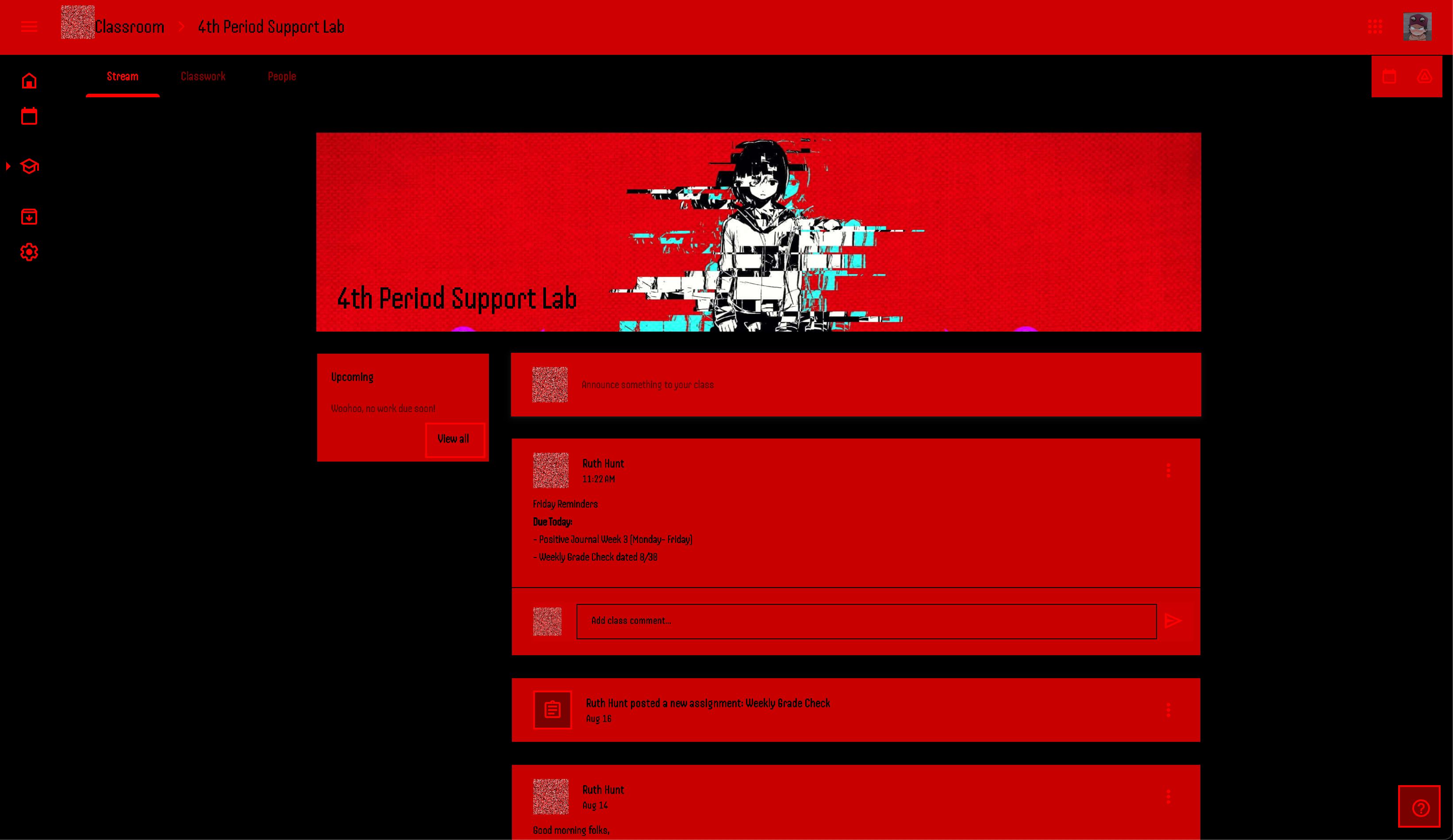 Screenshot of Google Classroom Red Glitch Theme