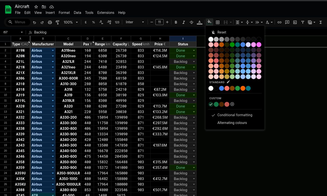 Screenshot of Google Sheets - Black