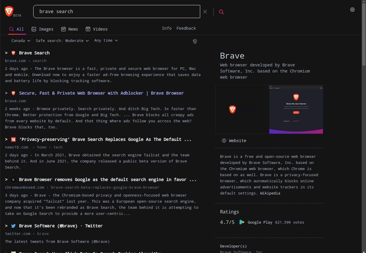 Screenshot of Brave Search
