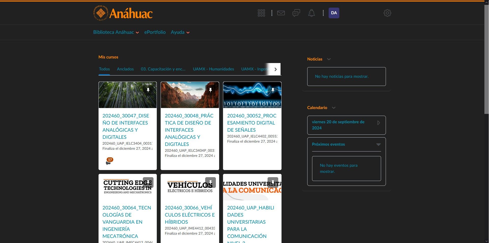 Screenshot of Dark mode for Anahuac Brightspace