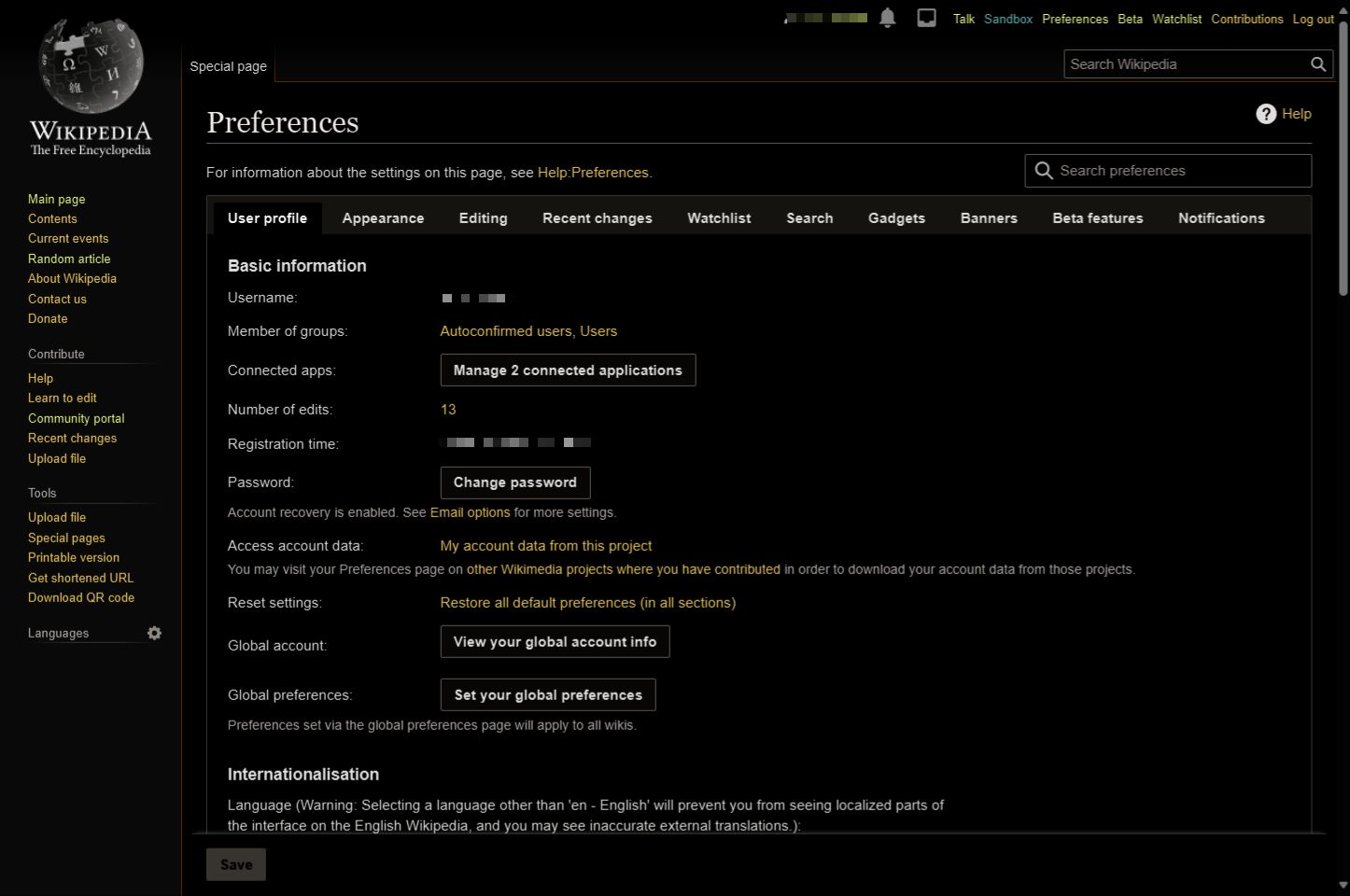 Screenshot of Wikipedia × OLED Pro Deep Black (Settings Only)