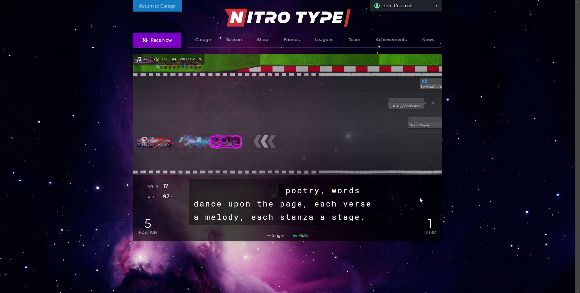 Screenshot of Nitro Type DPH Space Theme