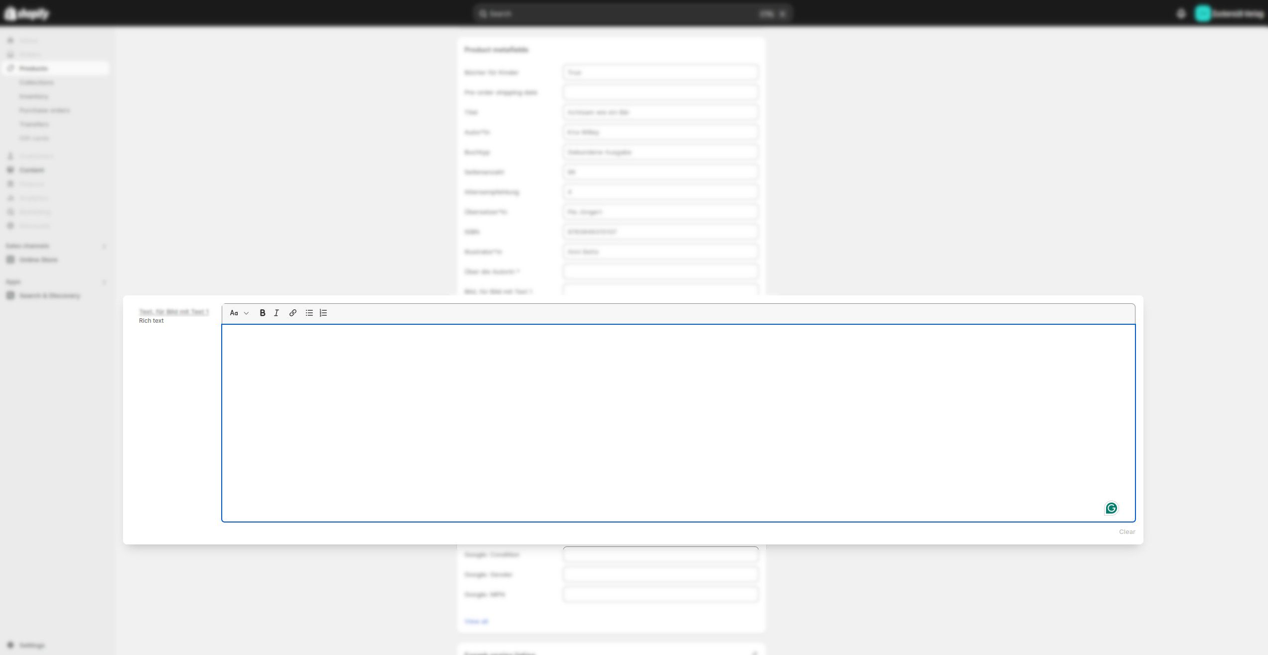 Screenshot of Shopify Admin - Big Richtext Metafield Editor