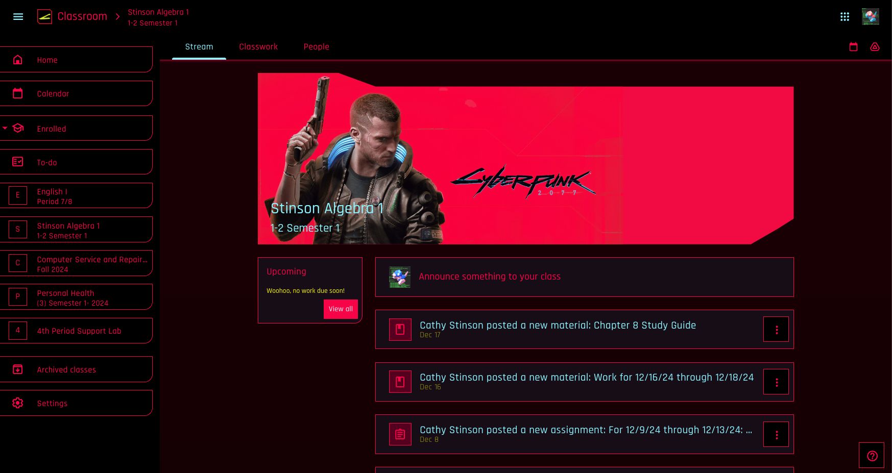 Screenshot of Google Classroom Cyberpunk Theme