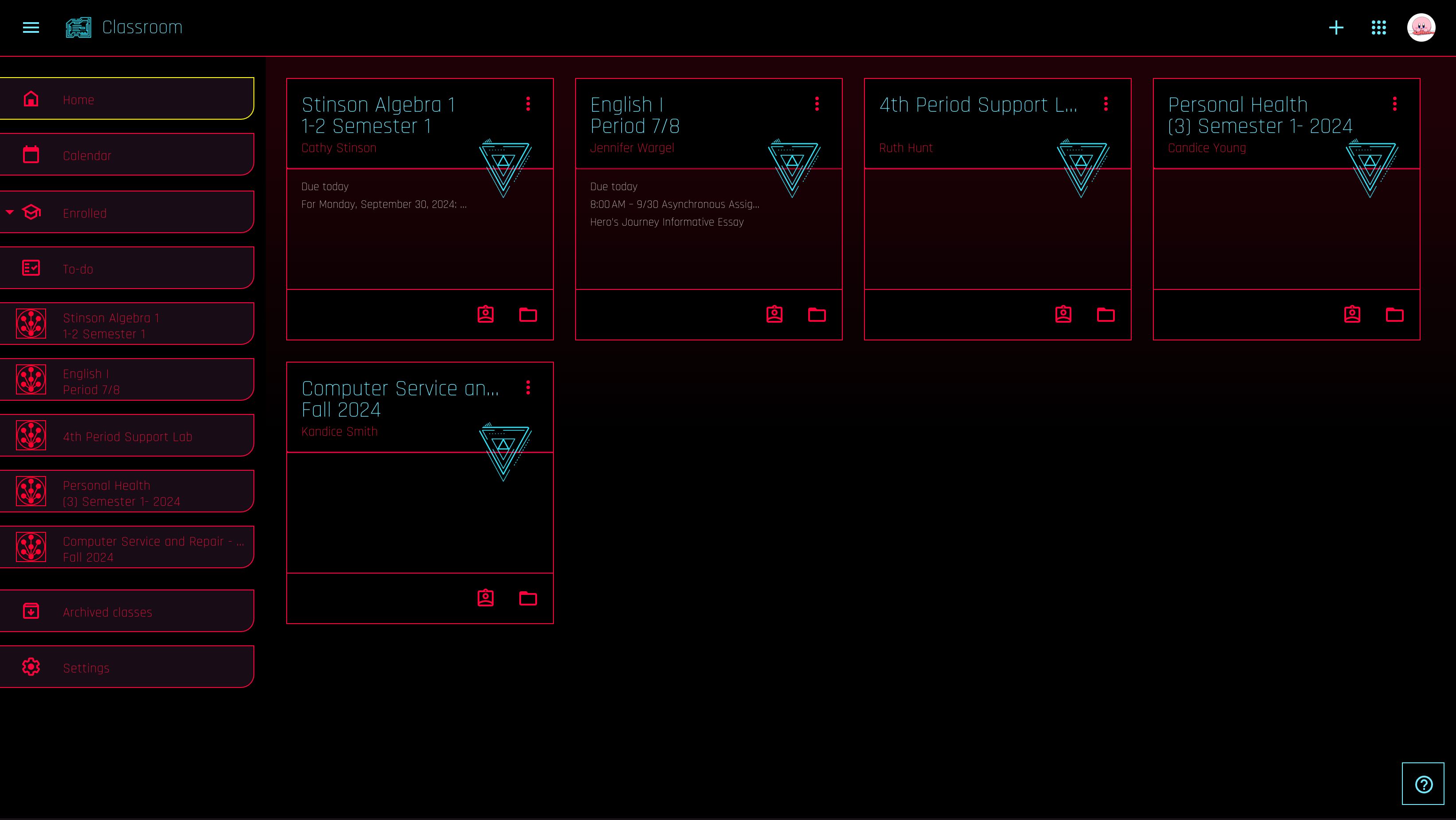 Screenshot of Google Classroom Cyberpunk Theme