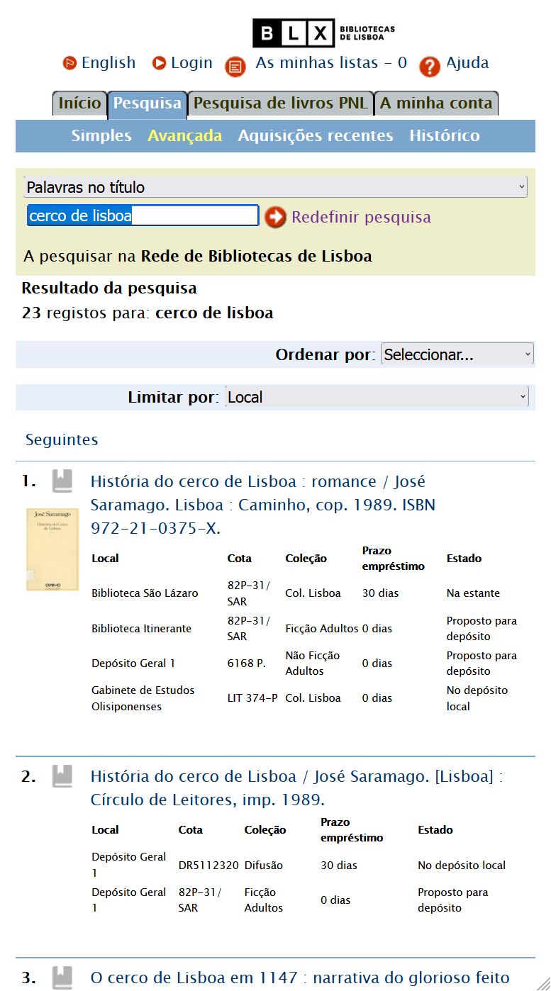 Screenshot of Catálogo das bibliotecas de Lisboa