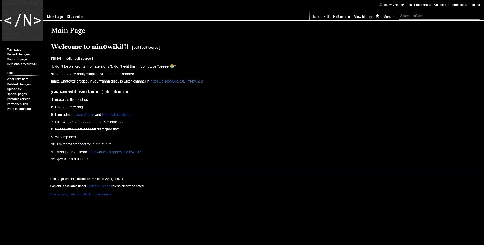 Screenshot of nin0wiki material dark