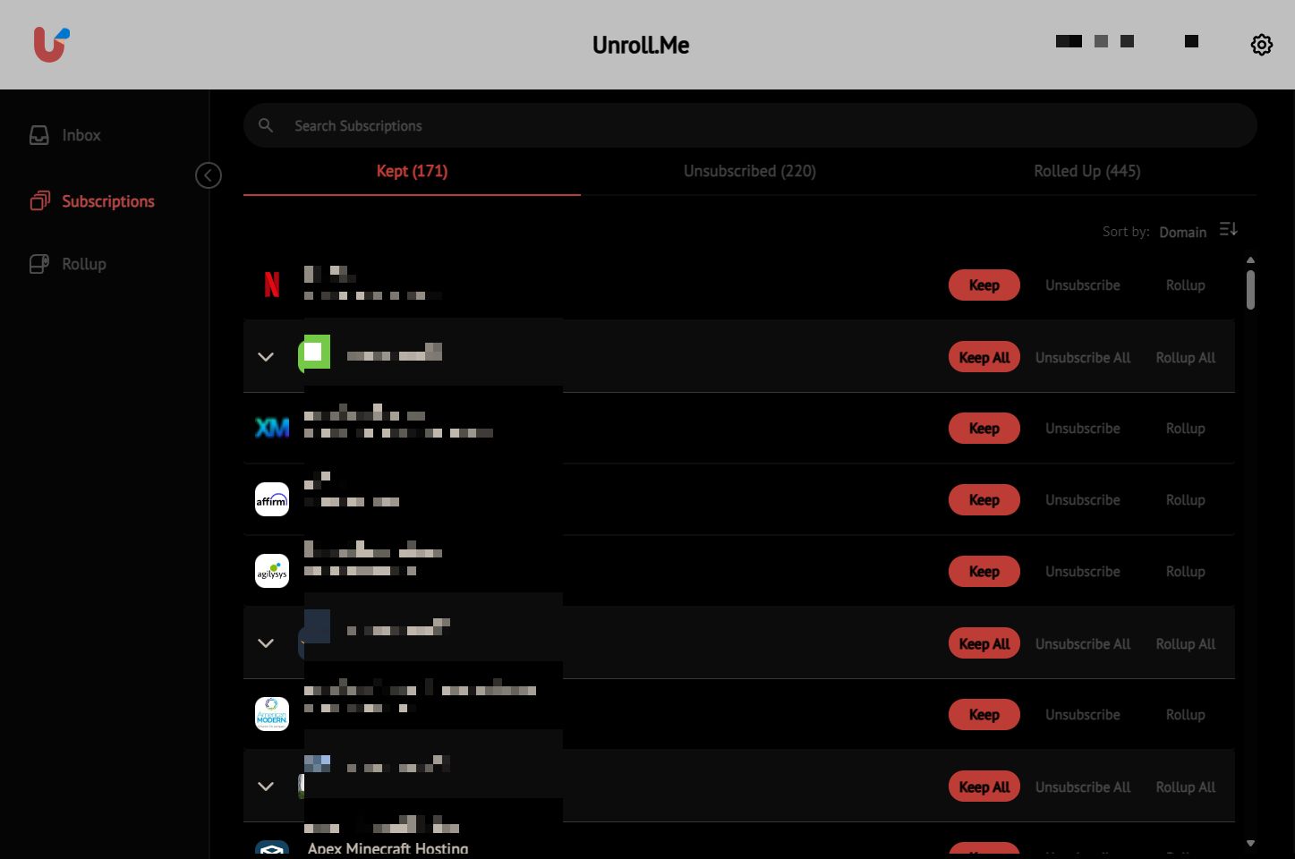 Screenshot of Unroll.me Dark Mode