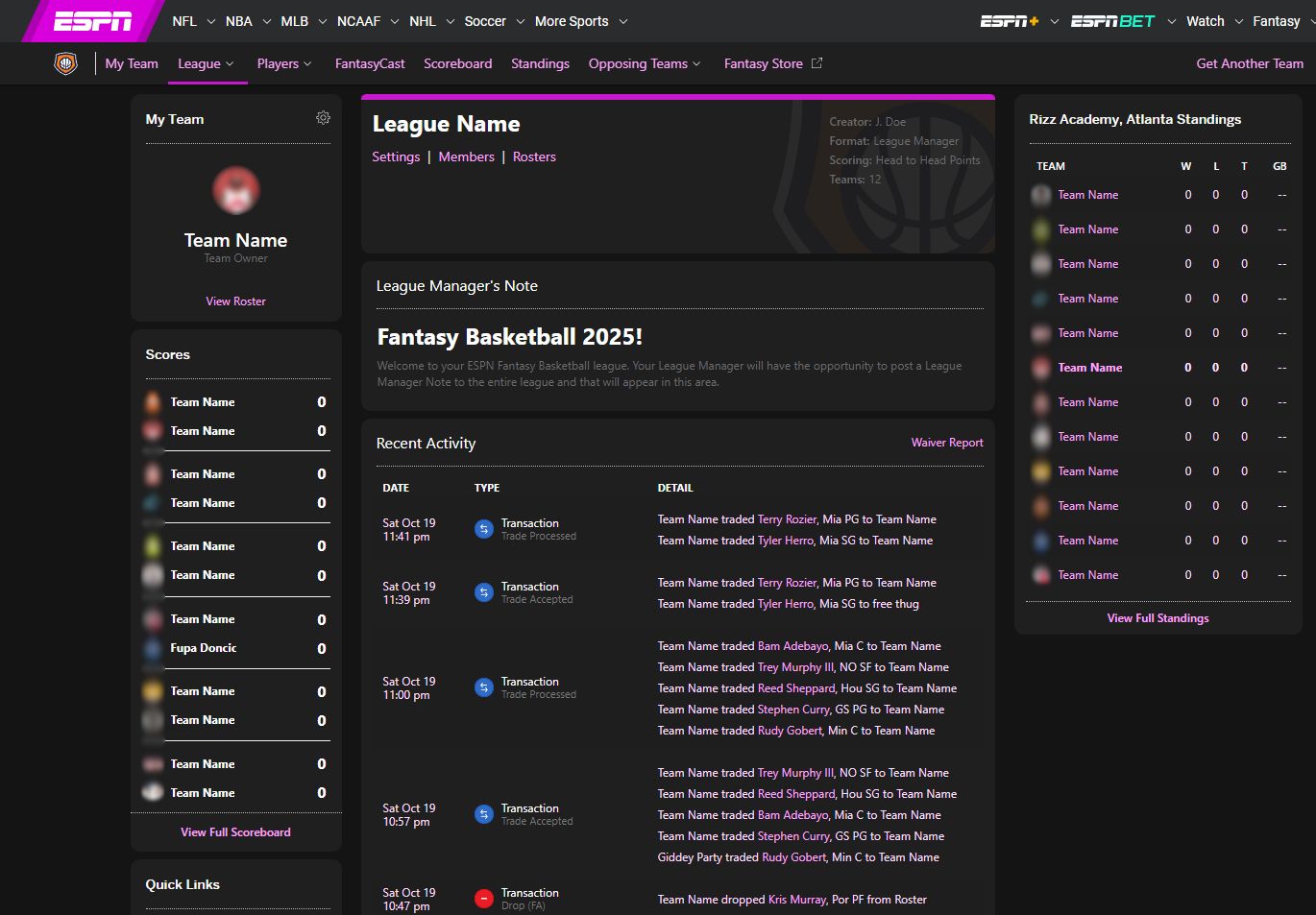 Screenshot of ESPN Fantasy Basketball - Dark theme