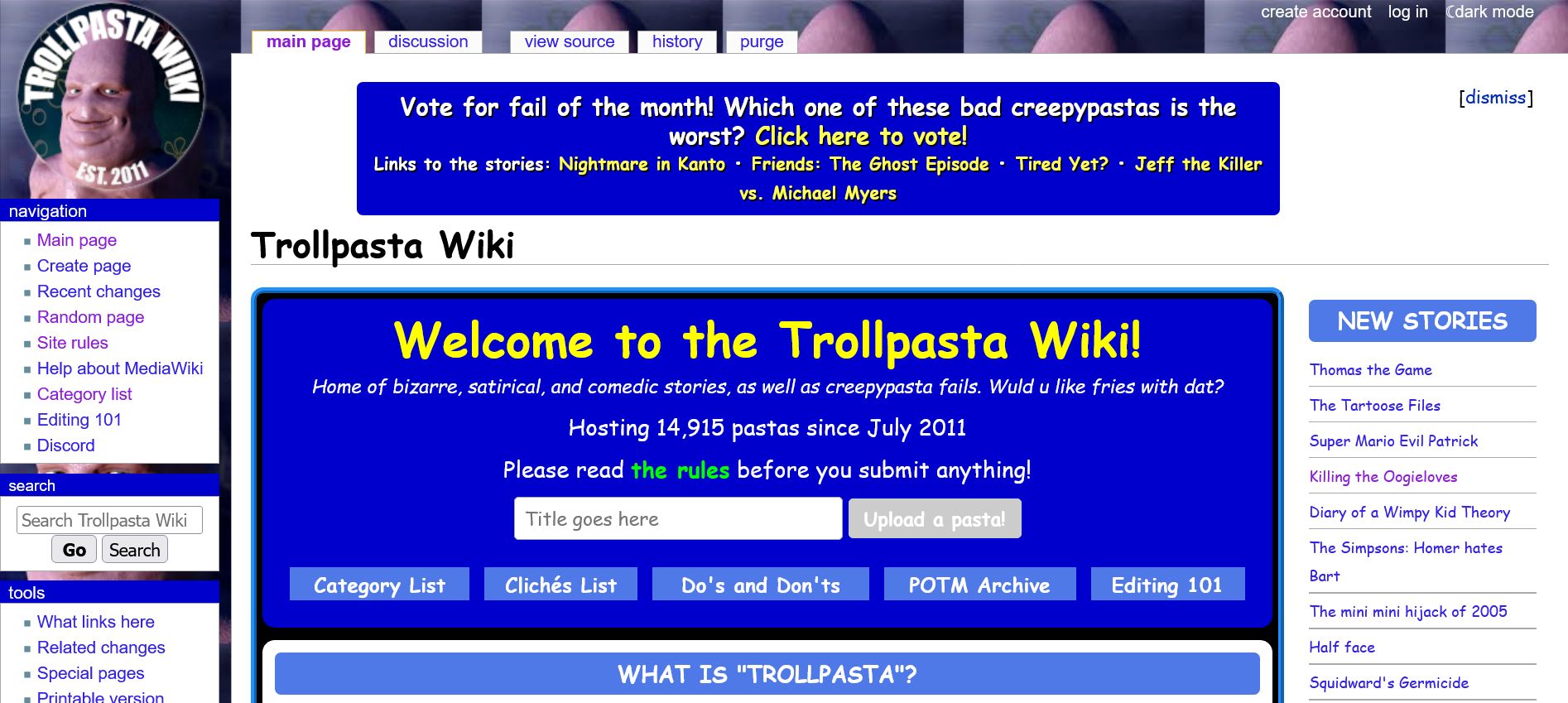 Screenshot of Old Trollpasta Wiki Layout