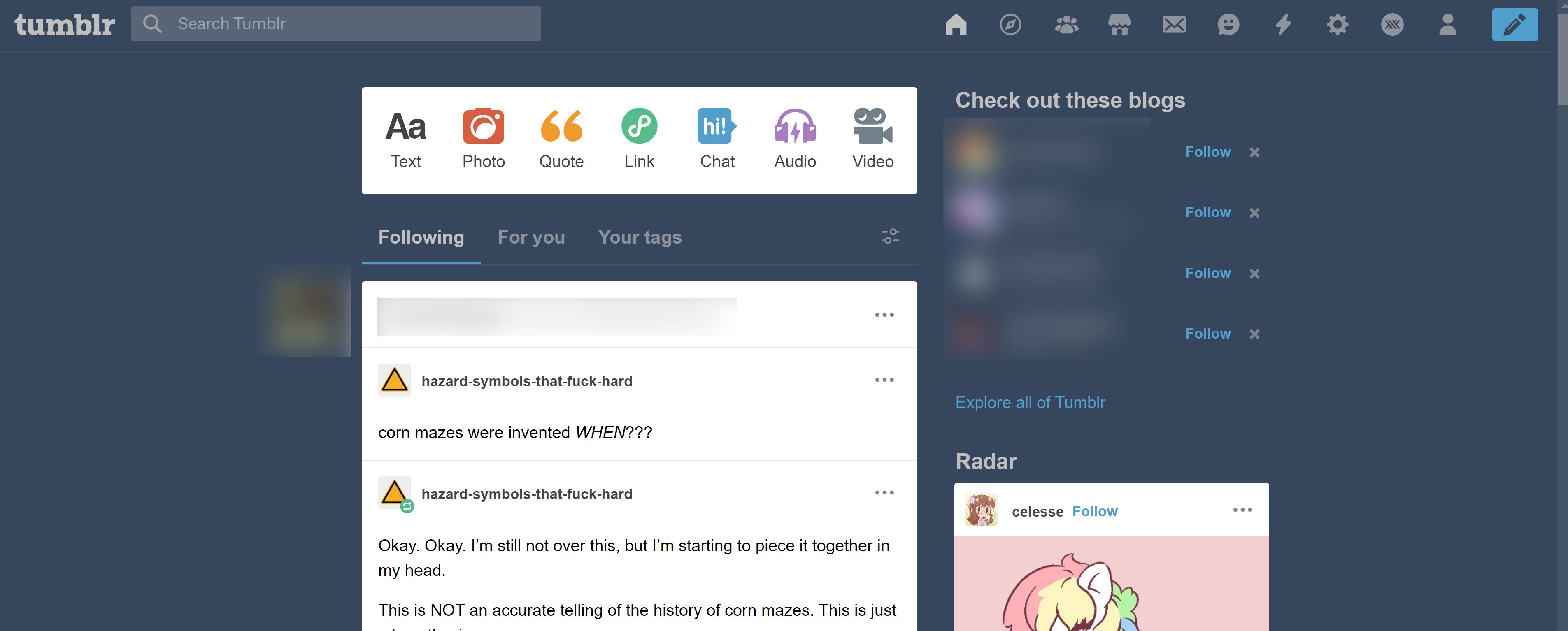 Screenshot of Tumblr's Old Blue