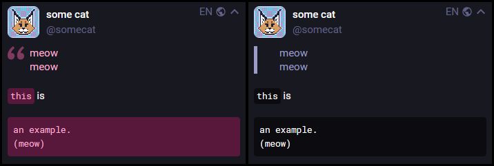 Screenshot of toot.cat - blockquote and code formatting tweaks