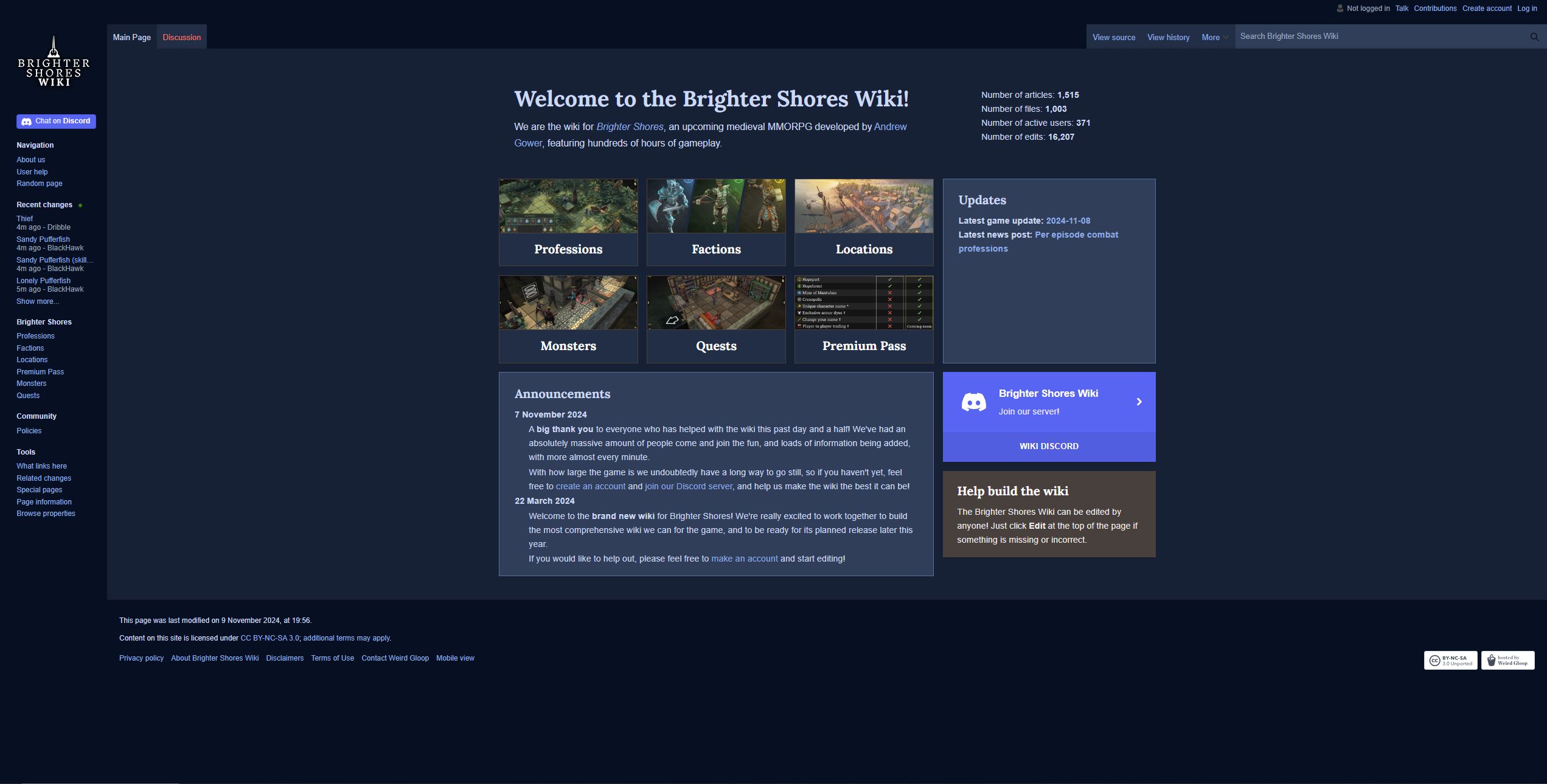 Screenshot of Brighter Shores Wiki Dark Mode