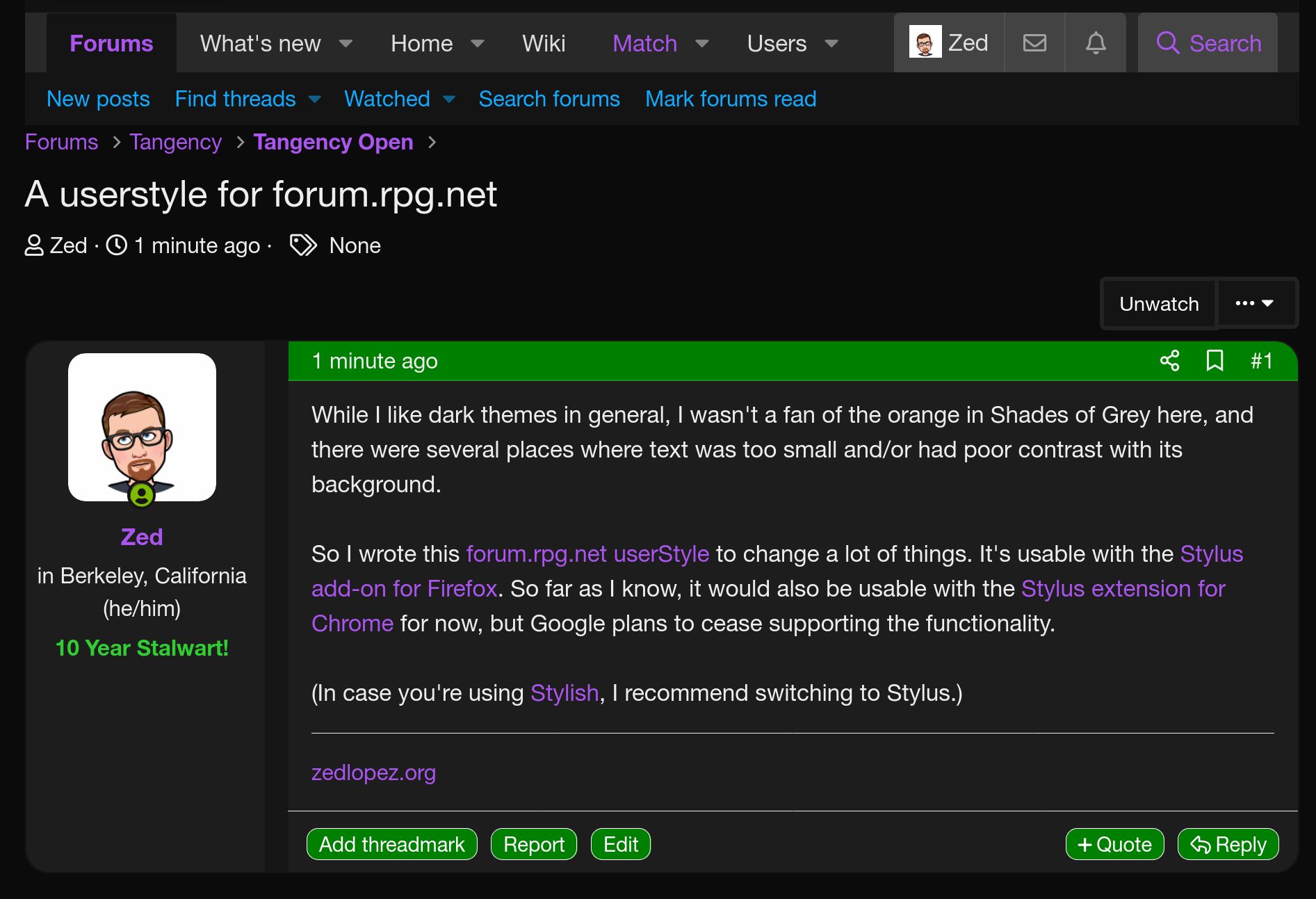 Screenshot of easy-to-read dark mode for rpg.net forums