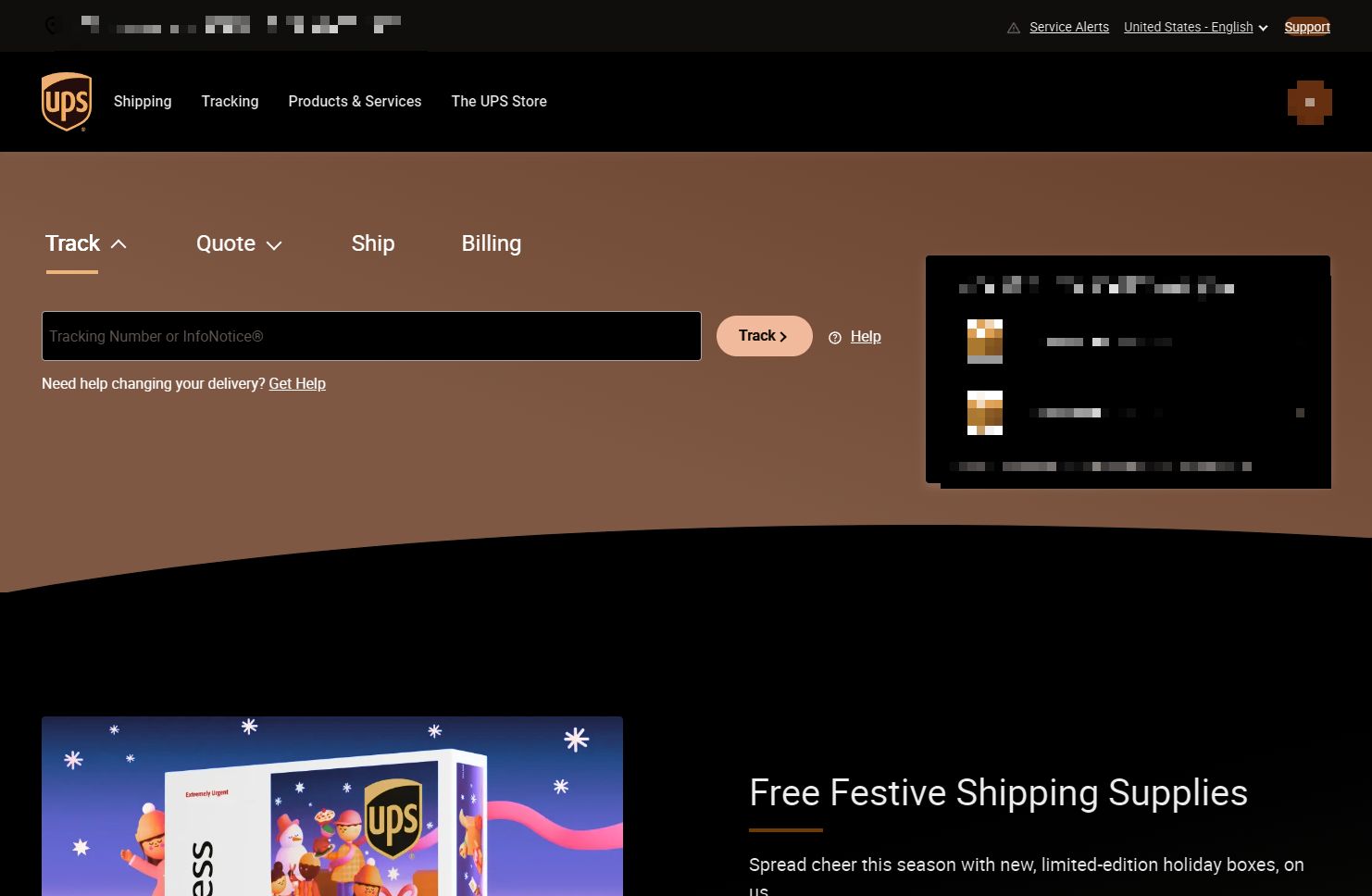 Screenshot of UPS.com - Dark Mode