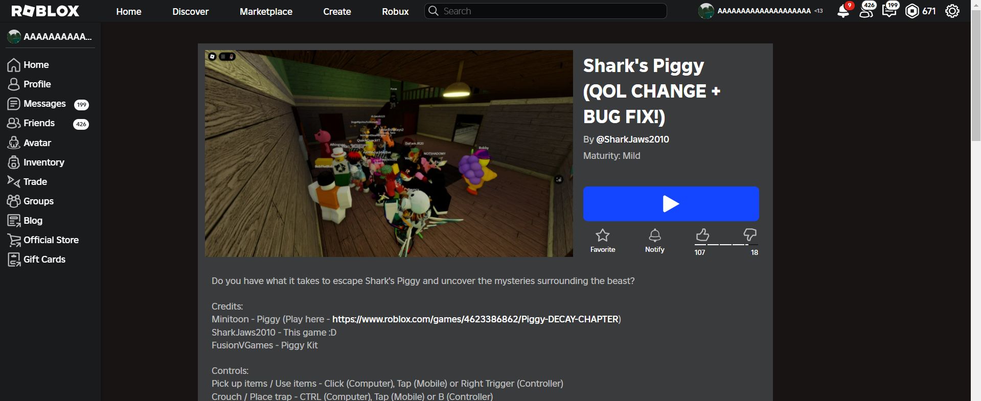 Screenshot of New Roblox A/B testing new colors (dark mode only)