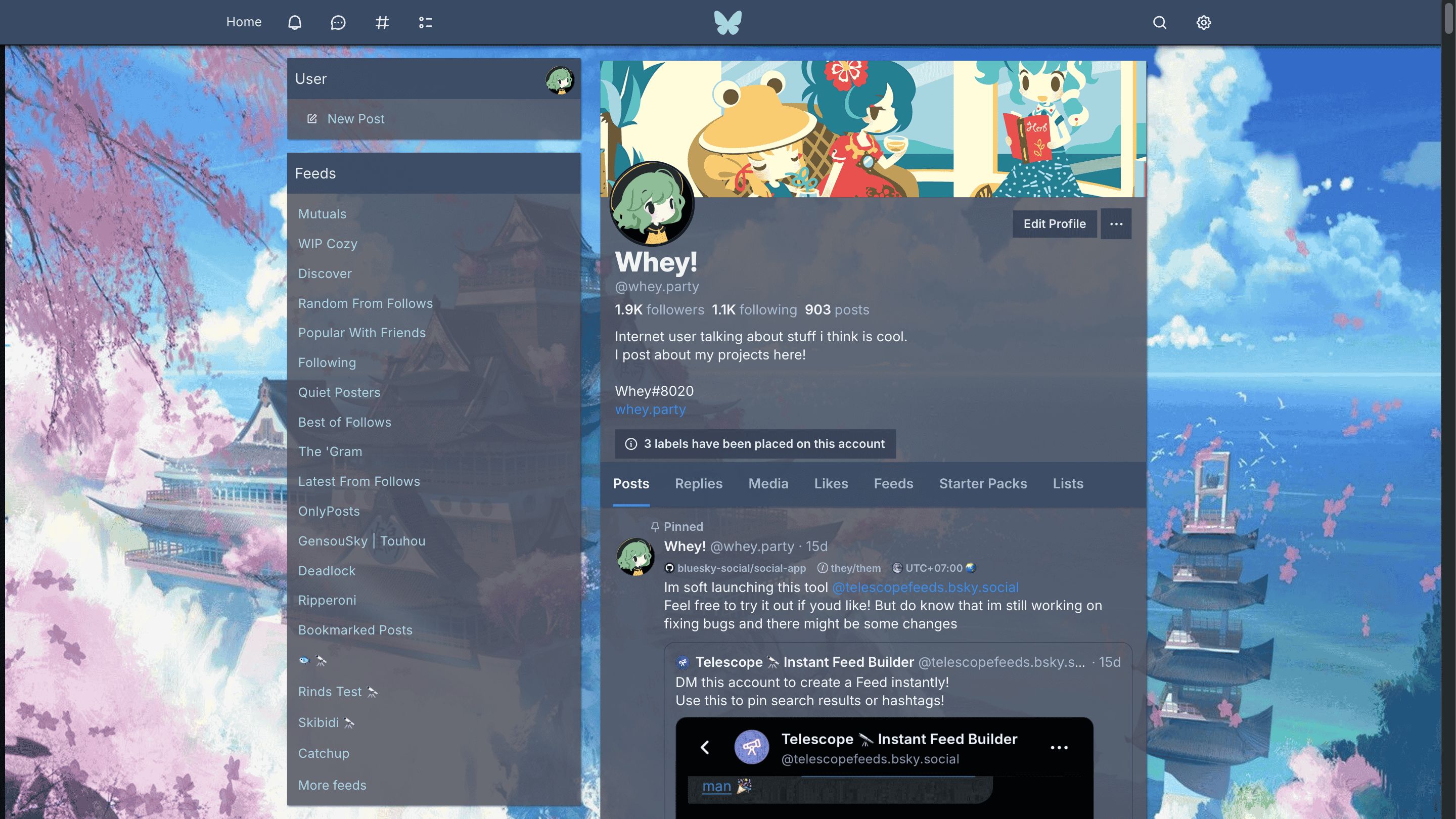 Screenshot of Pleroma Themes for Bluesky (indev)