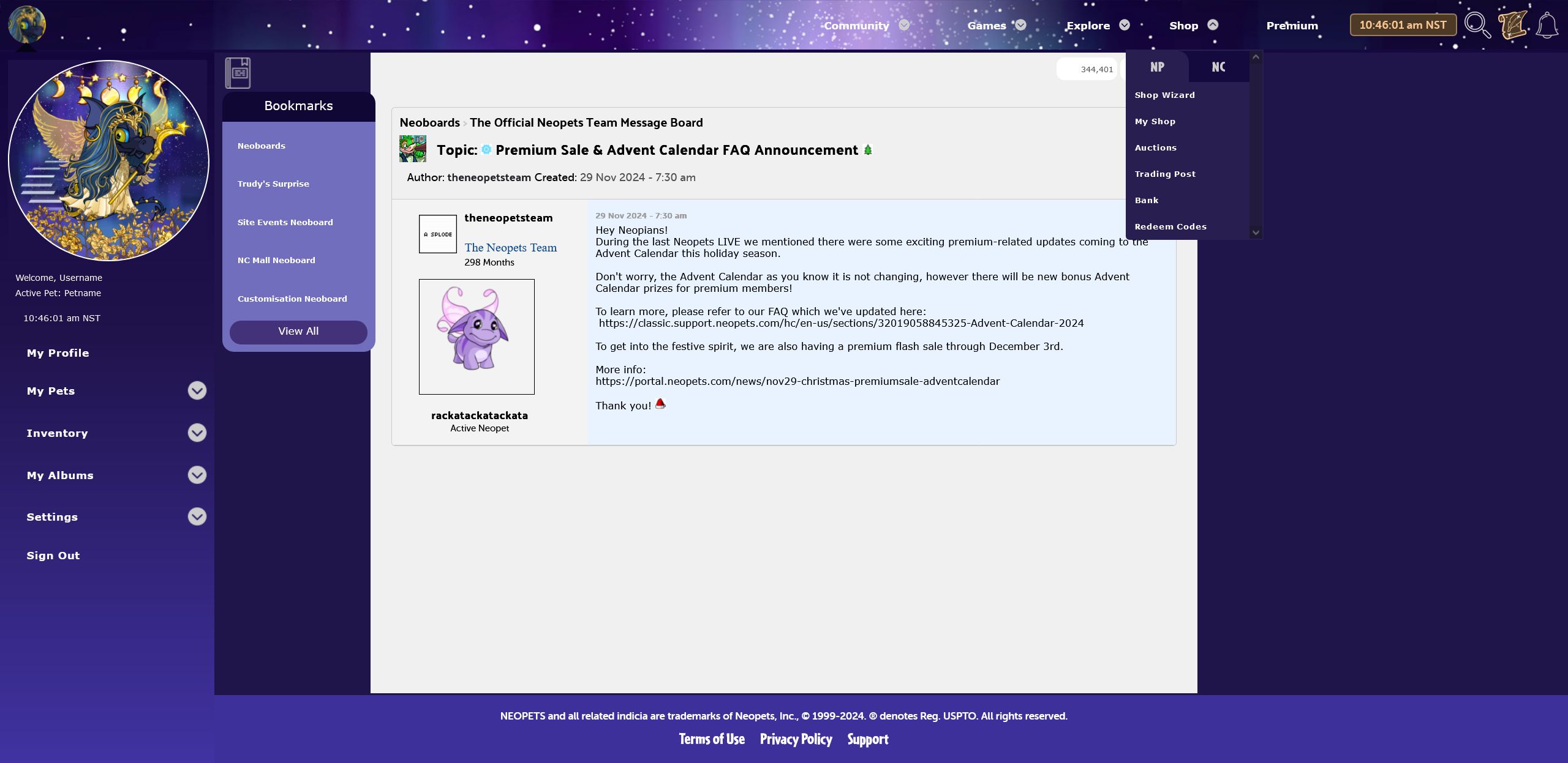 Screenshot of Celestial Neopets site theme