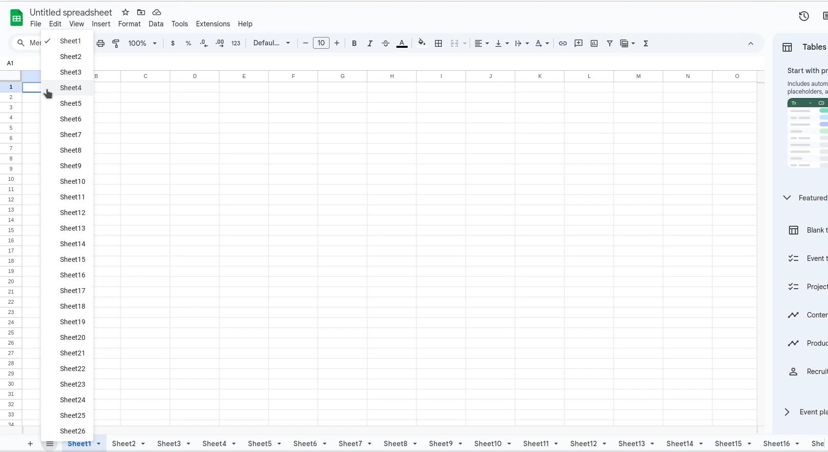 Screenshot of Google Sheets sheets list max height