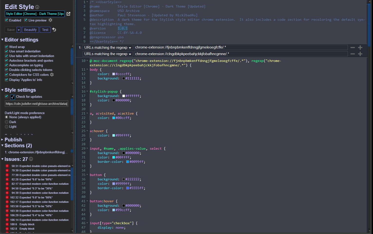 Screenshot of Style Editor [Chrome] - Dark Theme [Updated][Customizable]