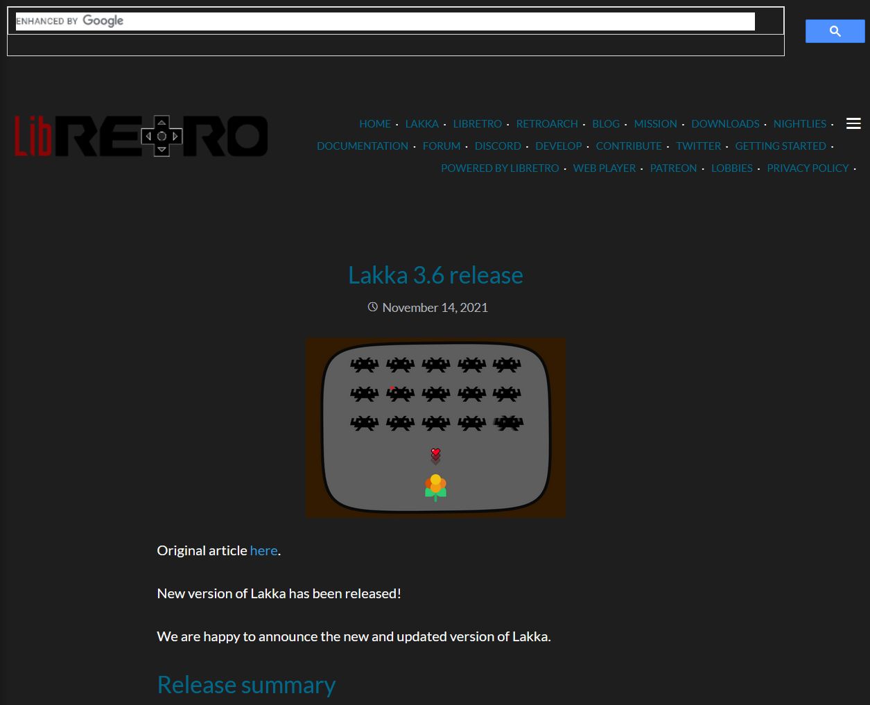 Screenshot of libretro.com - Dark Style