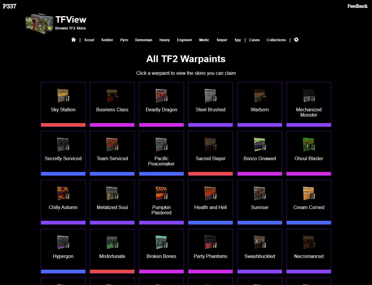 Screenshot of p337.info TF2 View and Skins - Dark Mode