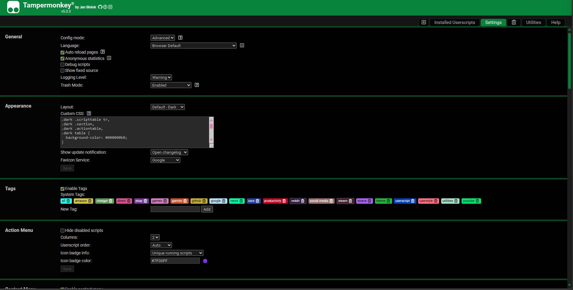 Screenshot of TamperMonkey Extension - Dark Green Mode